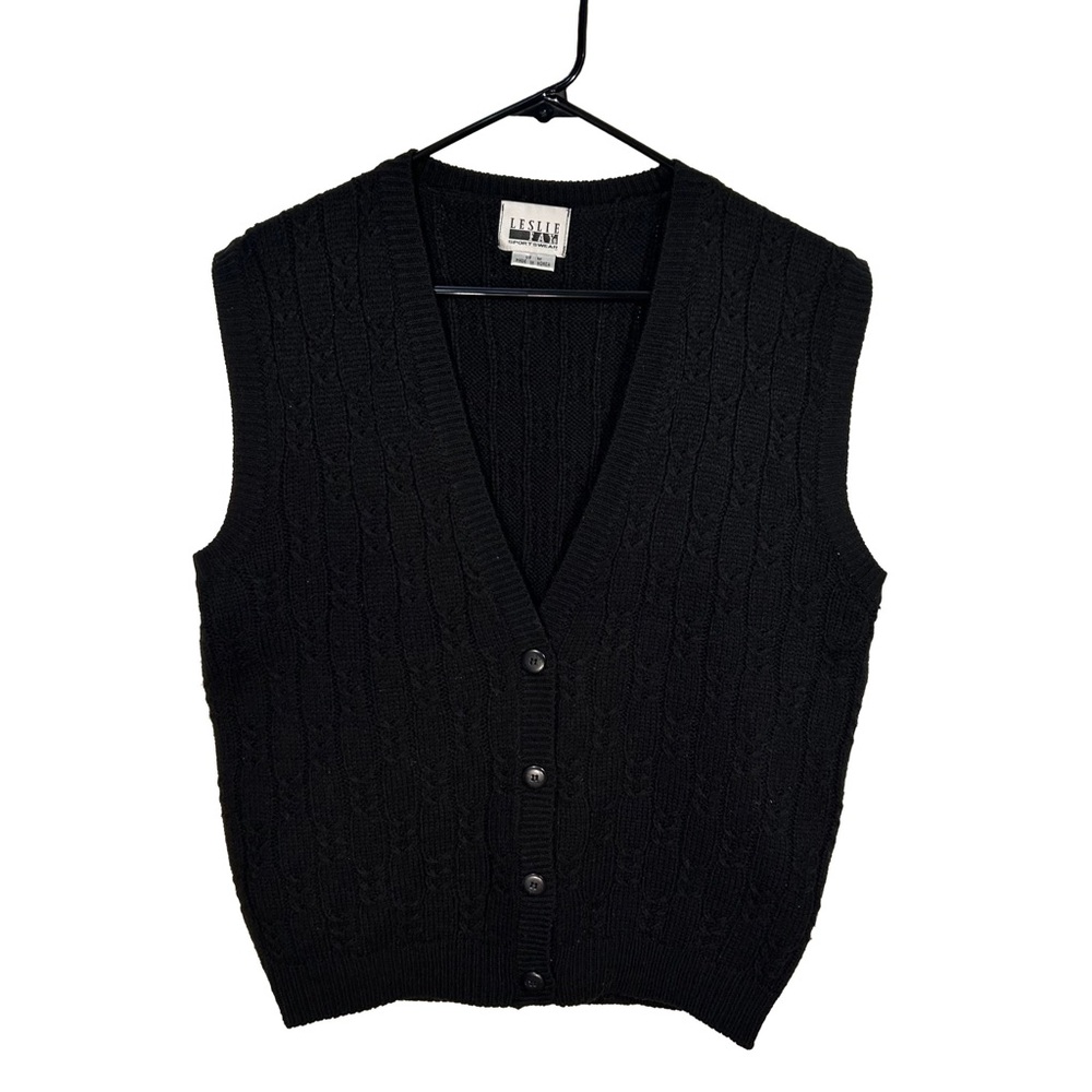 Leslie Fay Sportswear Black V-Neck Button-Up Vest, Size-M
